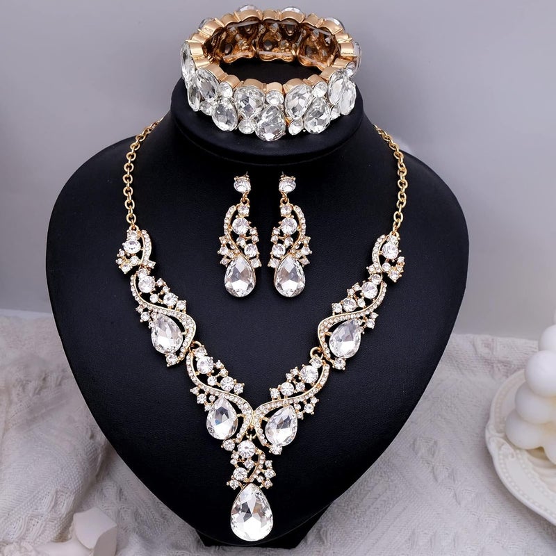 CSY Women's Elegant Bridal Necklace Earrings Stretch Bangle Bracelsts Set for Bride Bridesmaid Wedding Teardrop Crystal Costume Jewelry Sets - Image 4